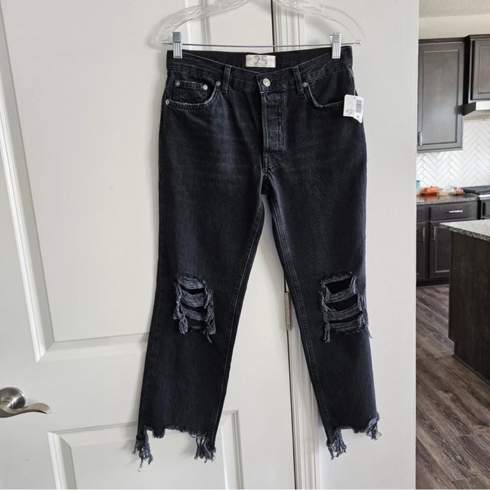 Free People Black Distressed Straight Leg Jeans